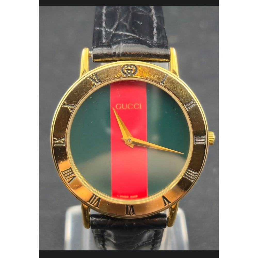 Vintage 3000.2.M Gucci Watch Gold Plated Green Red‎ Sherry Line Dial Roman Bezel